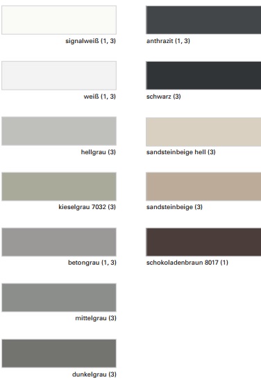 Farbkarte5a0d84f3391b0 Achtung! Abhängig von Ihren Monitoreinstellungen können die angezeigten Farben von den Originalfarben abweichen.